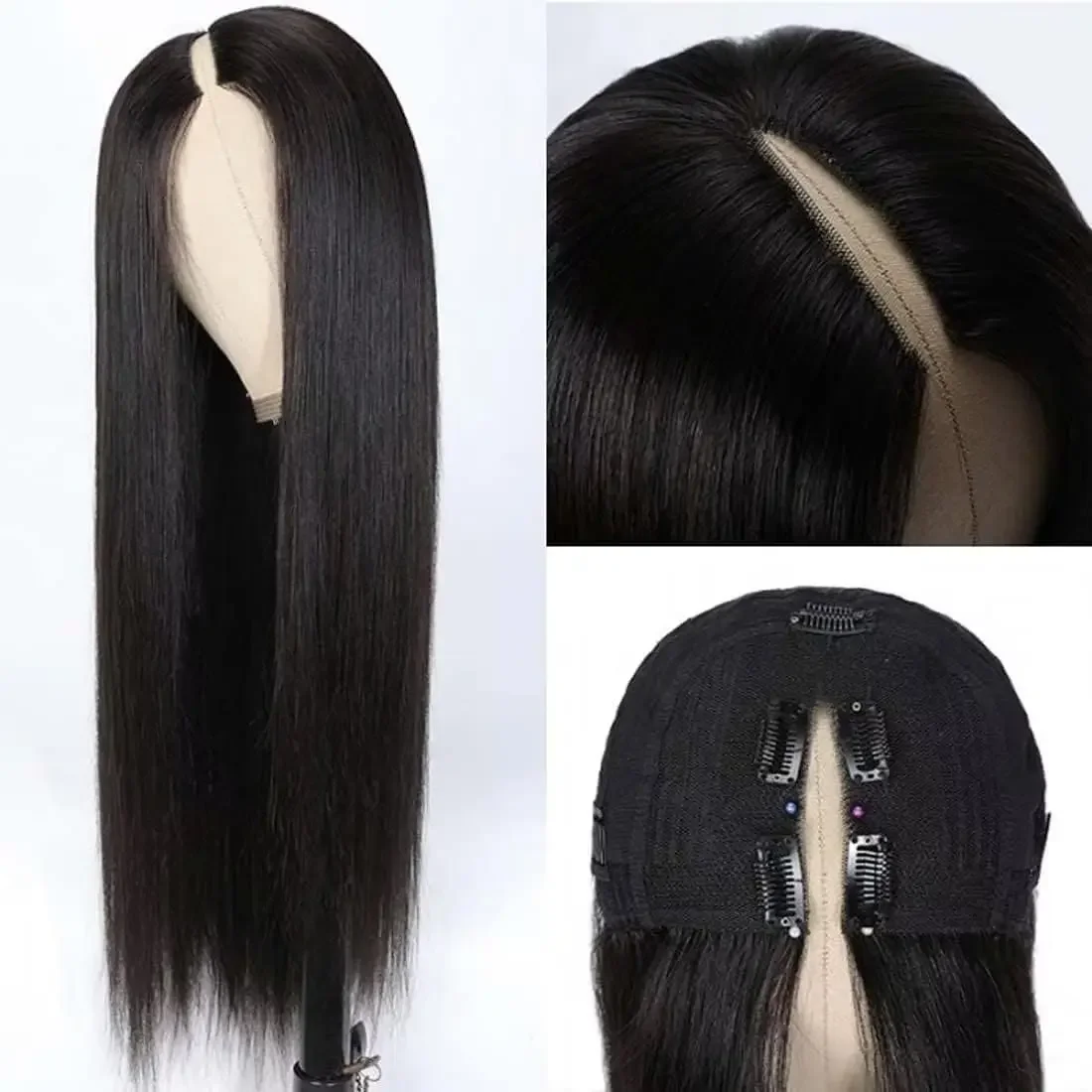Perruques en cheveux humains lisses couleur noire naturelle sans colle en forme de V, cheveux Remy brésiliens, fabriquée à la machine, densité 220 Azra – Image 7