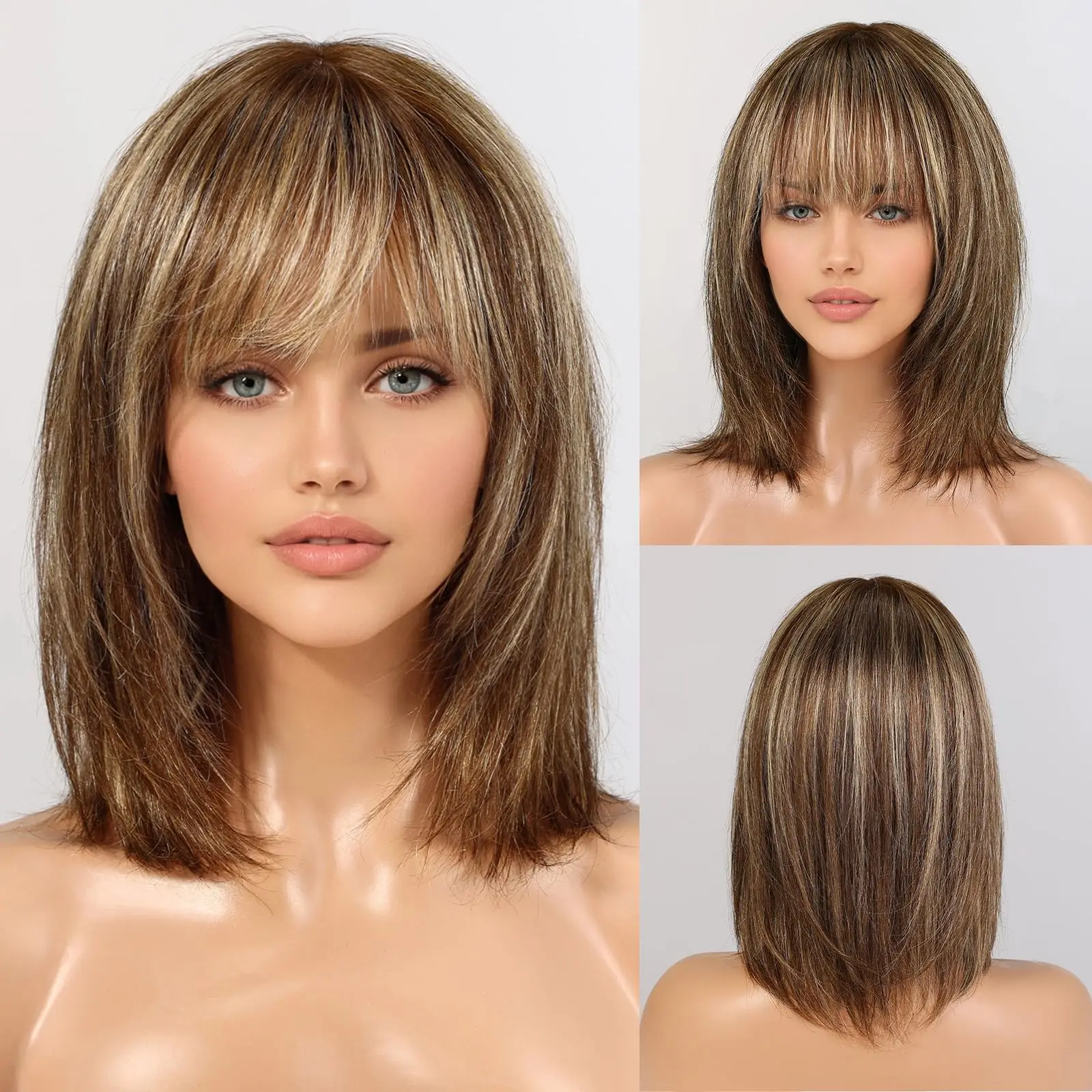 Perruque de cheveux humains Remy 100% naturels lisses, brun highlights blond, 12 pouces, avec frange Bérénice