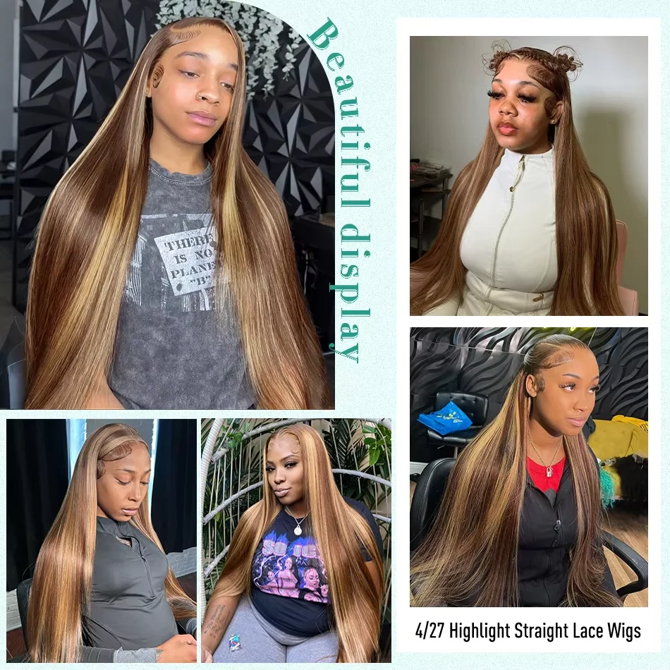 Perruque Highlight 4/27 Cheveux Humains Blond Miel, 13x6 HD Lace Front, Densité 220, Frontale 13x4 Lace Ombrée Balayage pour Femmes – Image 6