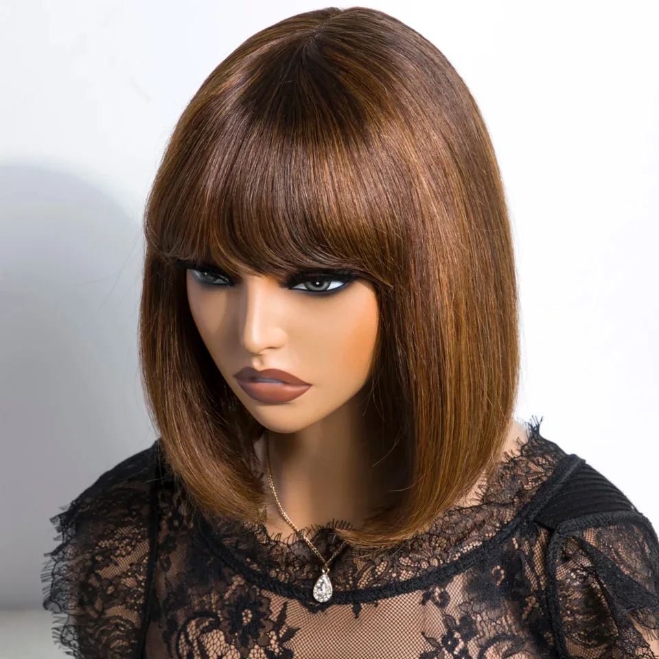 Perruque Lace naturelle brésilienne sans colle, cheveux courts à reflets blonds, 3x1, prêt à l'emploi, P1B/30, lisse, avec frange, pour femmes – Image 4
