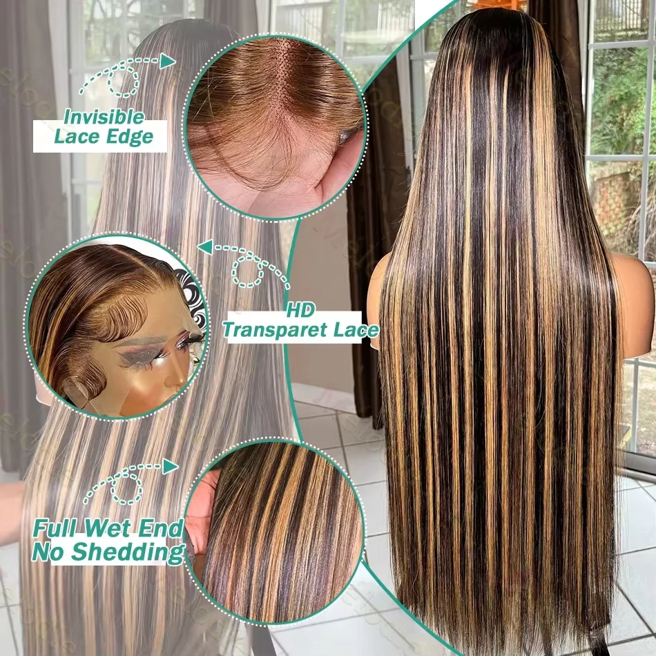 Perruque Highlight 4/27 Cheveux Humains Blond Miel, 13x6 HD Lace Front, Densité 220, Frontale 13x4 Lace Ombrée Balayage pour Femmes – Image 4