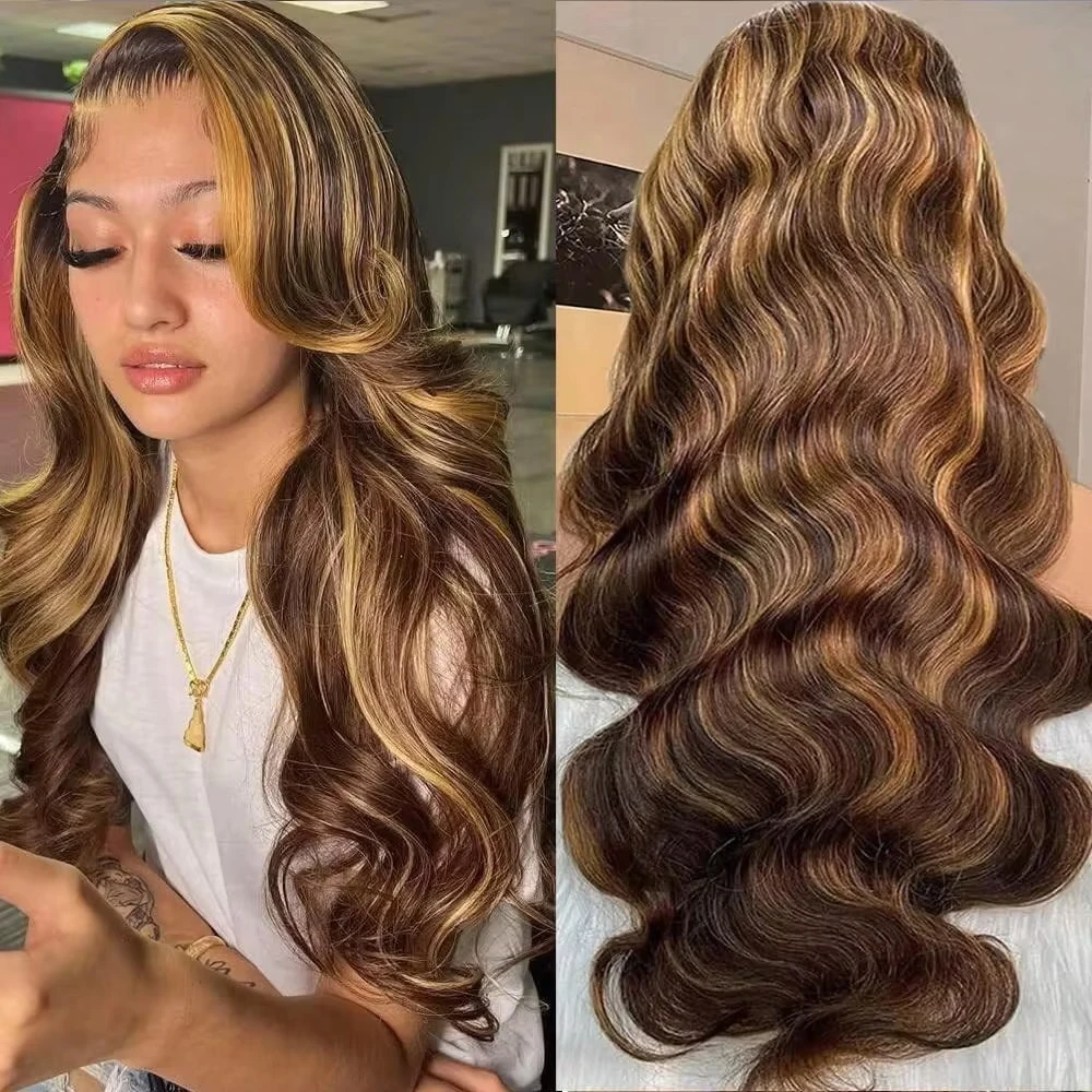 Perruques en cheveux humains ondulés, densité 180-200, brune avec mèches, frontale en dentelle HD transparente 13x4 13x6, 18-46 pouces Amalya – Image 2