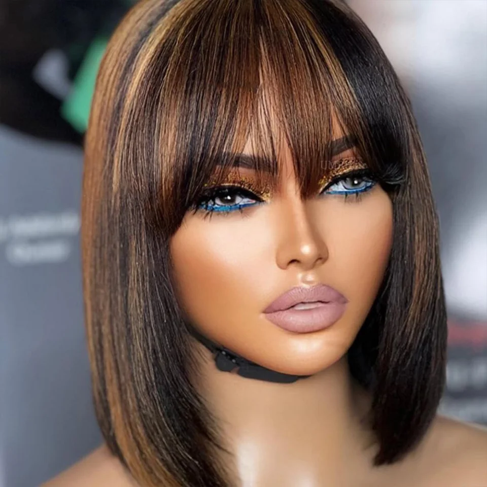 Perruque Lace naturelle brésilienne sans colle, cheveux courts à reflets blonds, 3x1, prêt à l'emploi, P1B/30, lisse, avec frange, pour femmes – Image 3