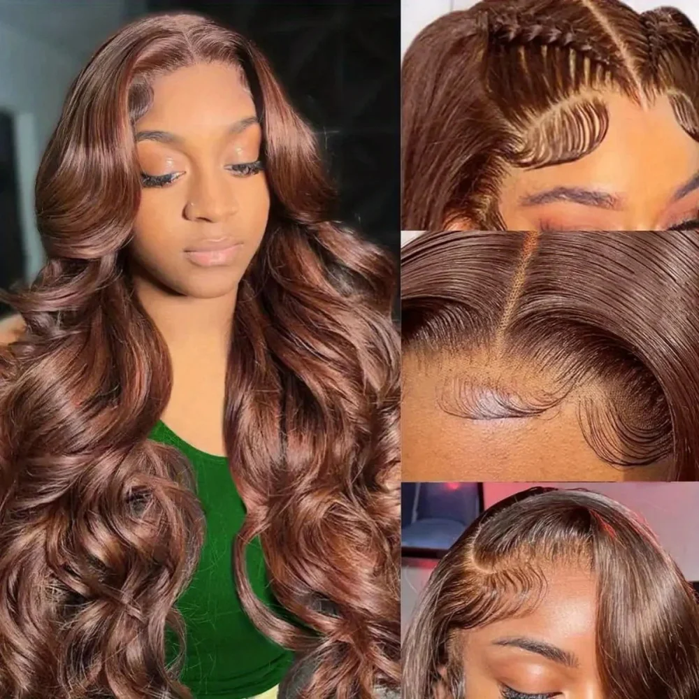 Perruque longue ondulée Lace Front cheveux naturels brun chocolat, Transparent HD, 13x6, 4x4, 5x5, – Image 4