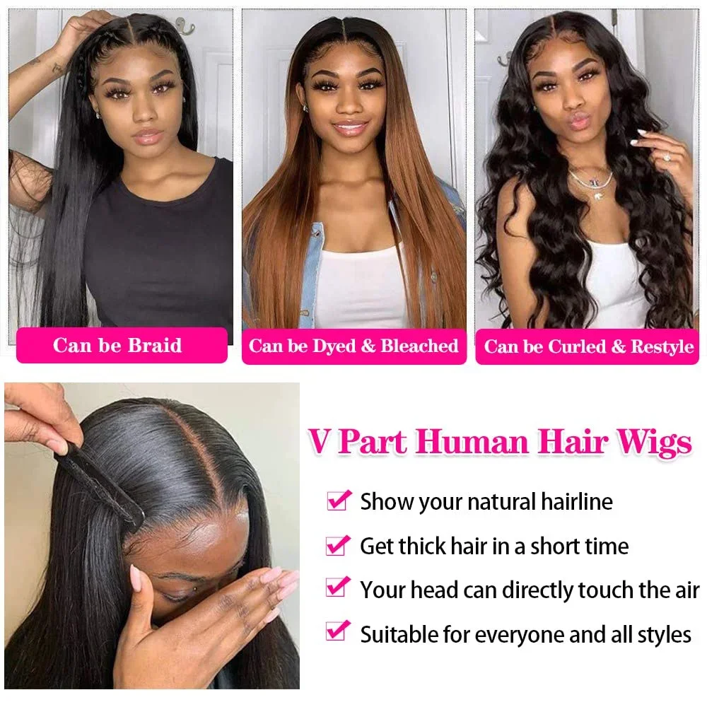 Perruques en cheveux humains lisses couleur noire naturelle sans colle en forme de V, cheveux Remy brésiliens, fabriquée à la machine, densité 220 Azra – Image 4