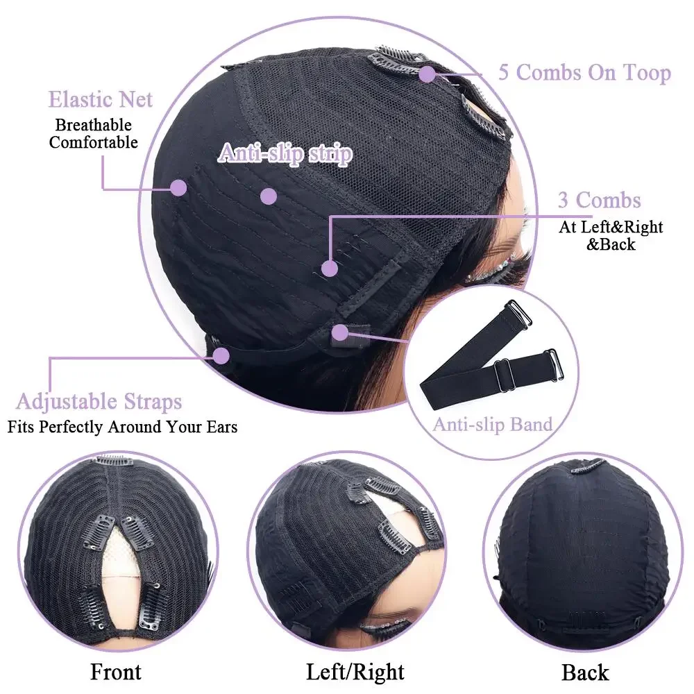 Perruques en cheveux humains lisses couleur noire naturelle sans colle en forme de V, cheveux Remy brésiliens, fabriquée à la machine, densité 220 Azra – Image 6