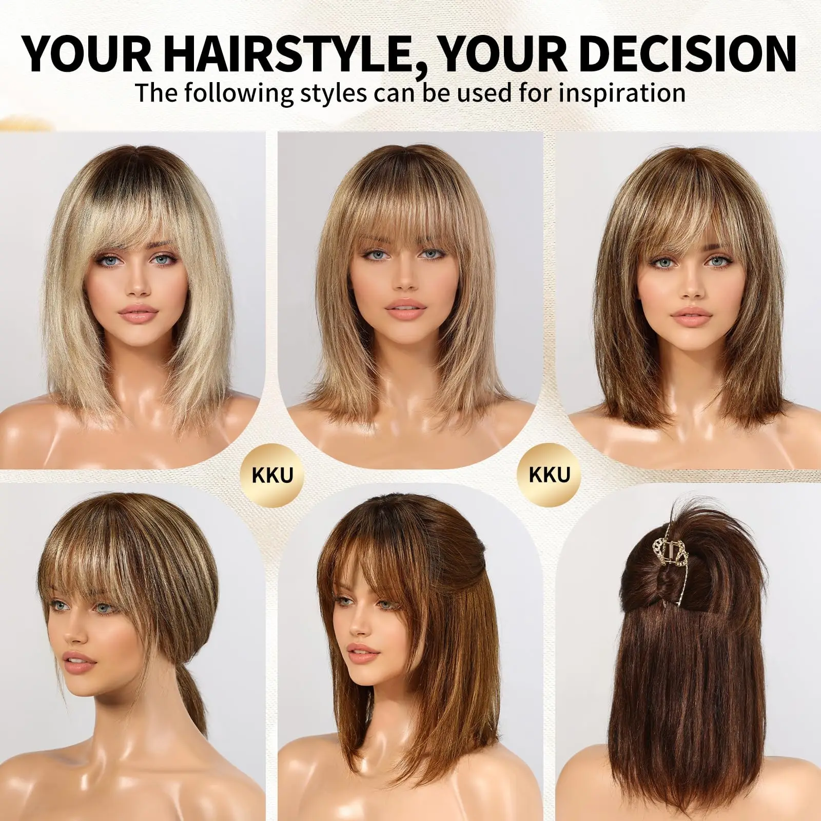 Perruque de cheveux humains Remy 100% naturels lisses, blond doré ombré, 12 pouces, avec frange Bérénice – Image 3