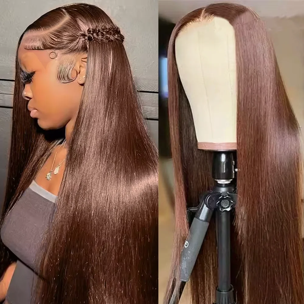 Magnifique perruque cheveux humains longs lisse brun chocolat avec dentelle frontale HD 13x6, densité 200, pour femmes Alma