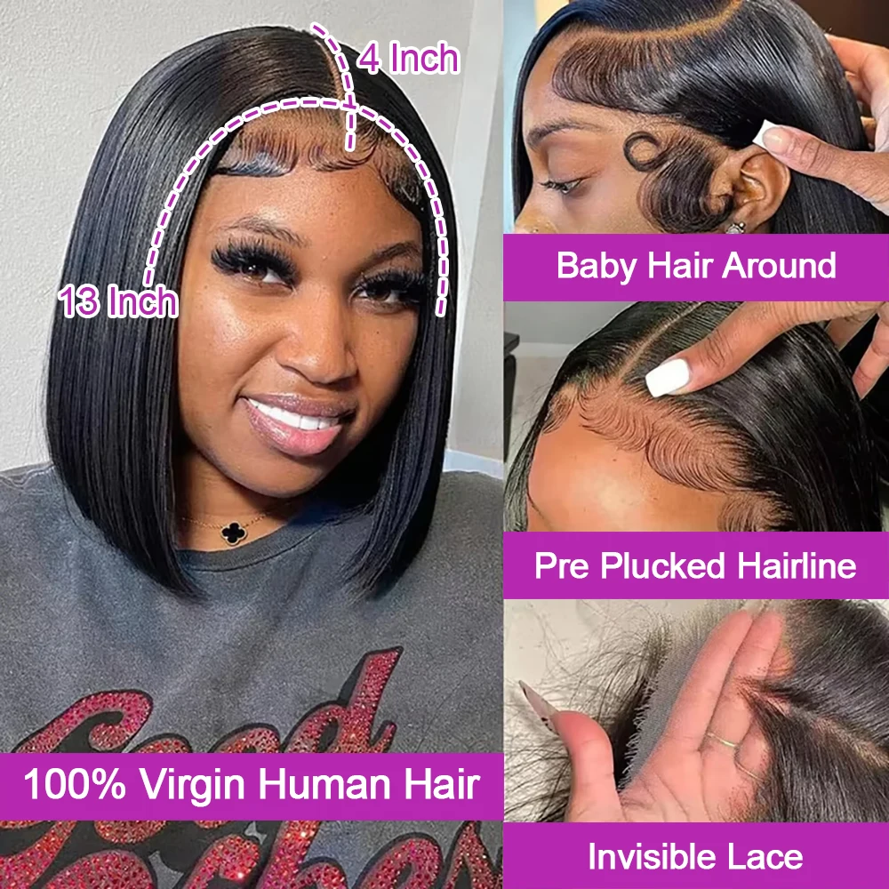Perruque 250% lisse court Bob sans colle cheveux humains dentelle avant, 13x6 Amira – Image 2