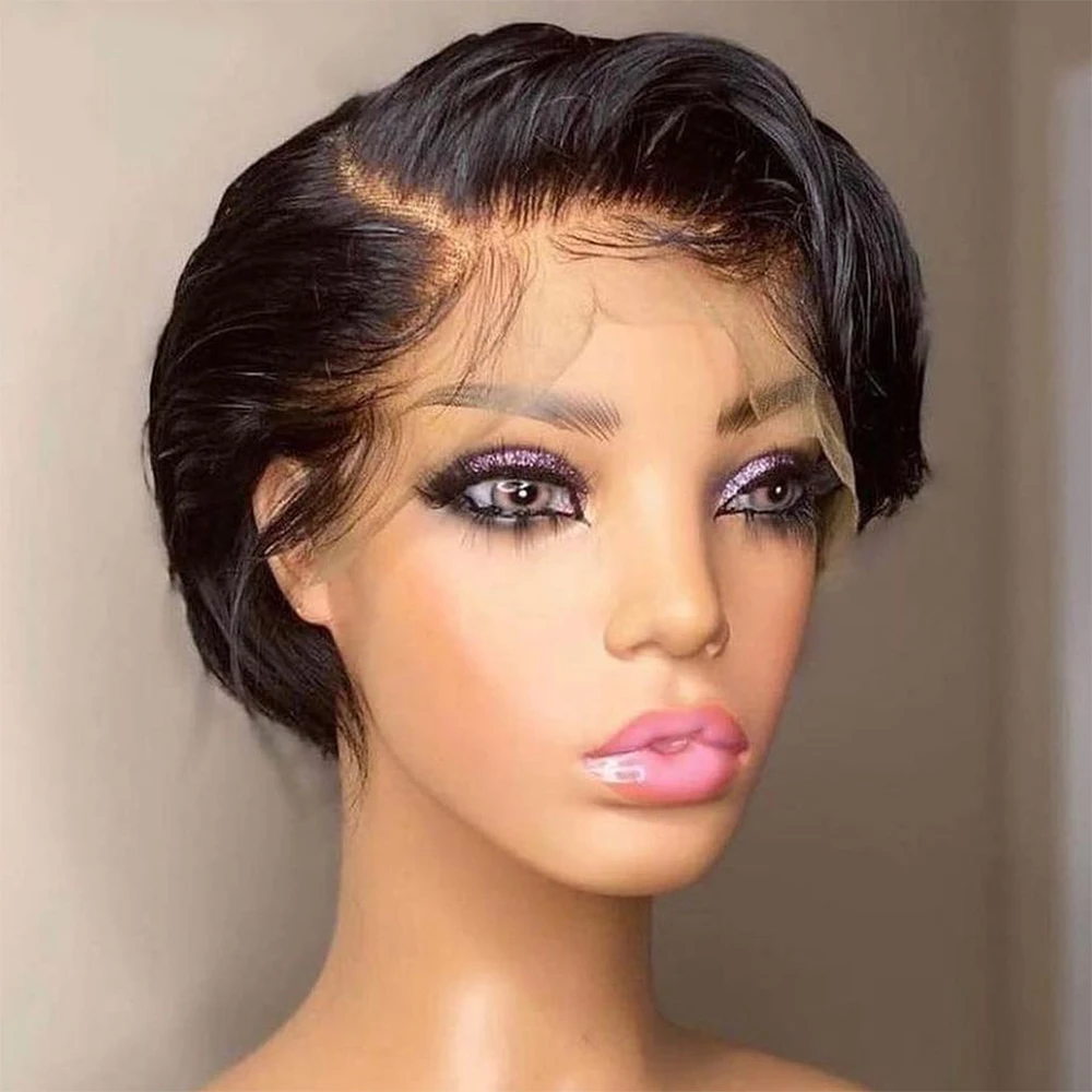 Perruque coupe pixie lisse bob court, 100 % cheveux humains, 13x4 HD dentelle frontale transparente, pré-éclaircie, cheveux vierges brésiliens, pour femmes Ayna
