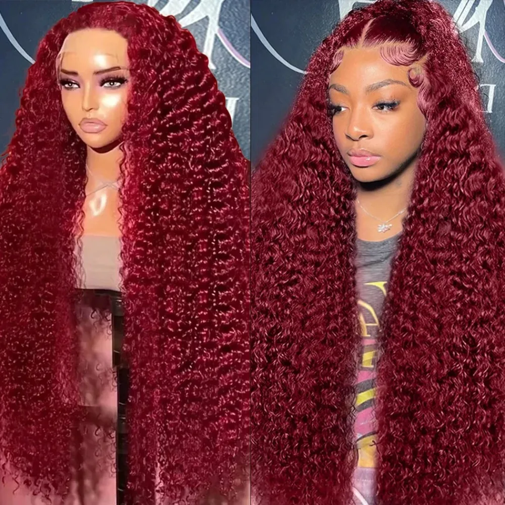 Perruque Lace Naturelle Ondulée Cheveux Humains, Couleur Bordeaux 99J, 13x4, 13x6 Densité 200, Transparent HD Ashley