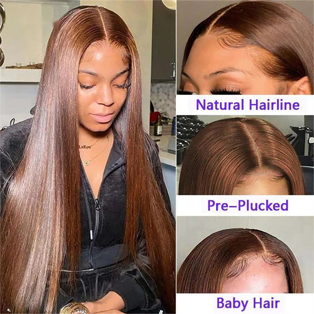 Magnifique perruque cheveux humains longs lisse brun chocolat avec dentelle frontale HD 13x6, densité 200, pour femmes Alma – Image 2