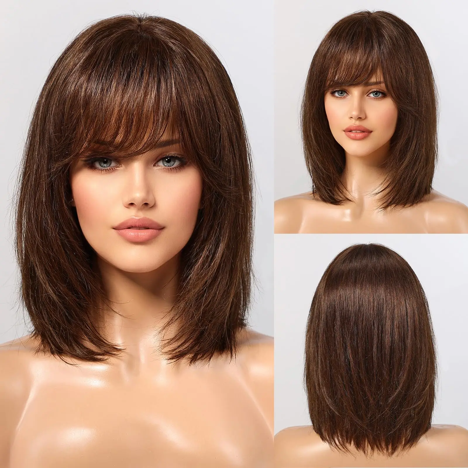 Perruque de cheveux humains Remy 100% naturels lisses, brun ombré, 12 pouces, avec frange Bérénice