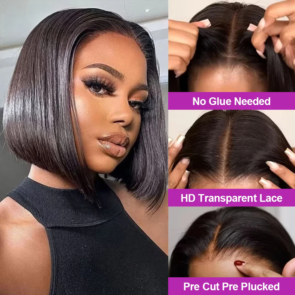 Perruque 250% lisse court Bob sans colle cheveux humains dentelle avant, 13x6 Amira – Image 4