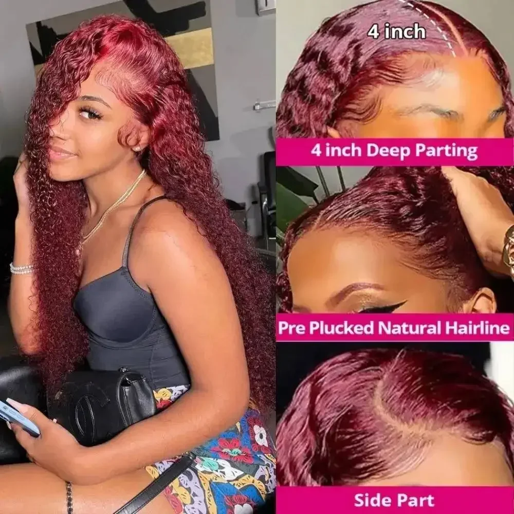 Perruque Lace Naturelle Ondulée Cheveux Humains, Couleur Bordeaux 99J, 13x4, 13x6 Densité 200, Transparent HD Ashley – Image 3