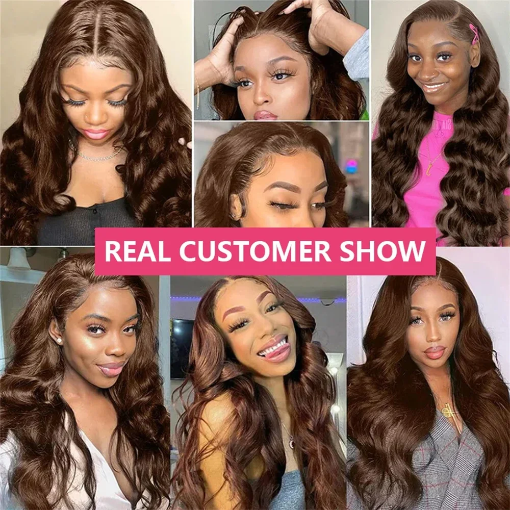 Perruque longue ondulée Lace Front cheveux naturels brun chocolat, Transparent HD, 13x6, 4x4, 5x5, – Image 5