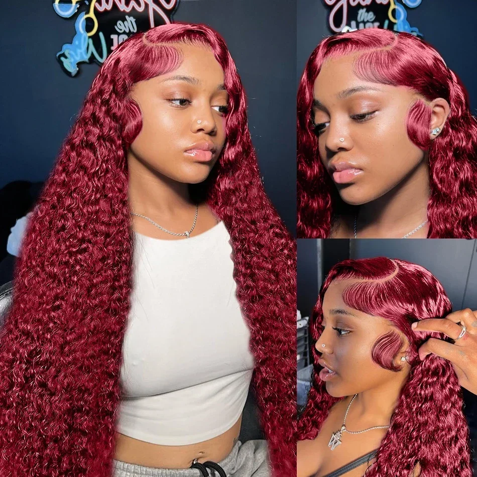 Perruque Lace Naturelle Ondulée Cheveux Humains, Couleur Bordeaux 99J, 13x4, 13x6 Densité 200, Transparent HD Ashley – Image 2