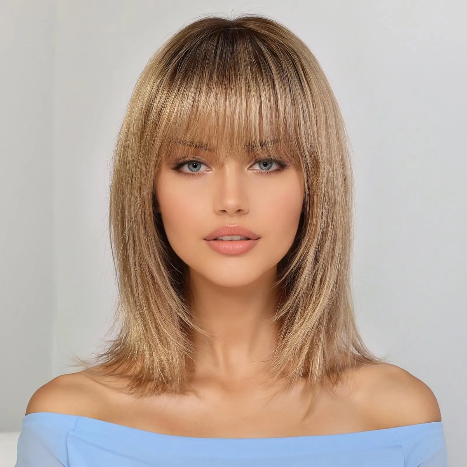 Perruque de cheveux humains Remy 100% naturels lisses, blond doré ombré, 12 pouces, avec frange Bérénice – Image 2