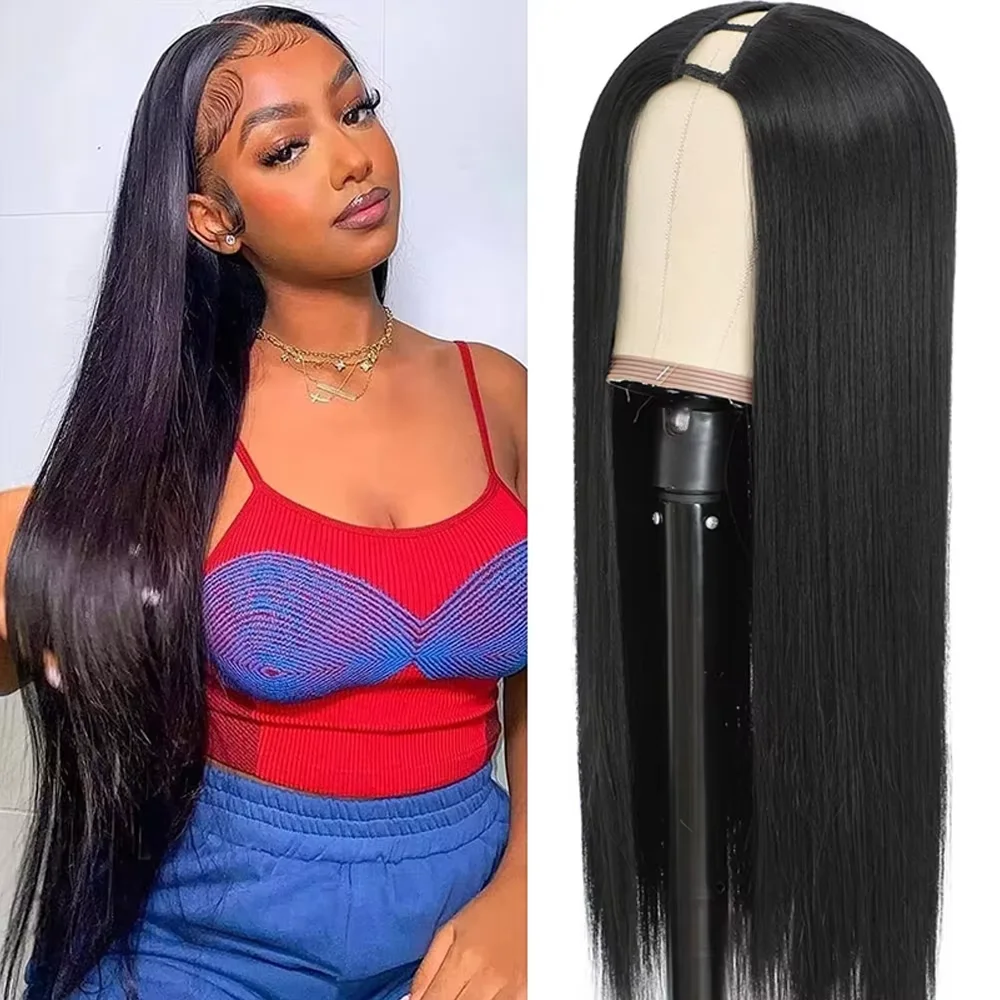 Perruques en cheveux humains lisses couleur noire naturelle sans colle en forme de V, cheveux Remy brésiliens, fabriquée à la machine, densité 220 Azra