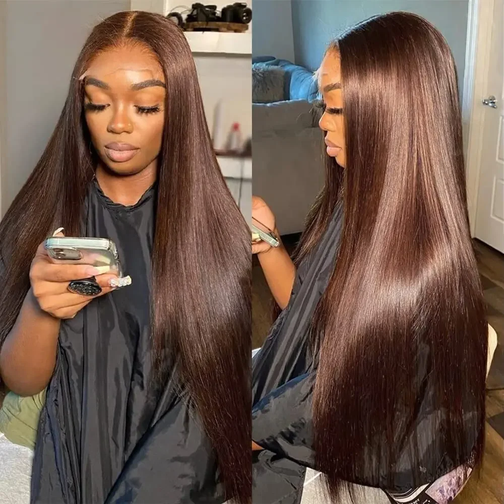 Magnifique perruque cheveux humains longs lisse brun chocolat avec dentelle frontale HD 13x6, densité 200, pour femmes Alma – Image 3