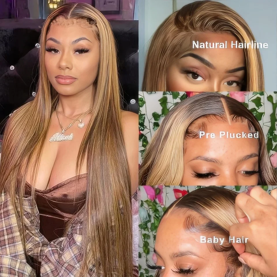 Perruque Highlight 4/27 Cheveux Humains Blond Miel, 13x6 HD Lace Front, Densité 220, Frontale 13x4 Lace Ombrée Balayage pour Femmes – Image 3