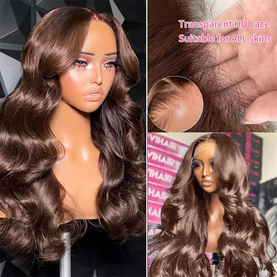 Perruque longue ondulée Lace Front cheveux naturels brun chocolat, Transparent HD, 13x6, 4x4, 5x5, – Image 3