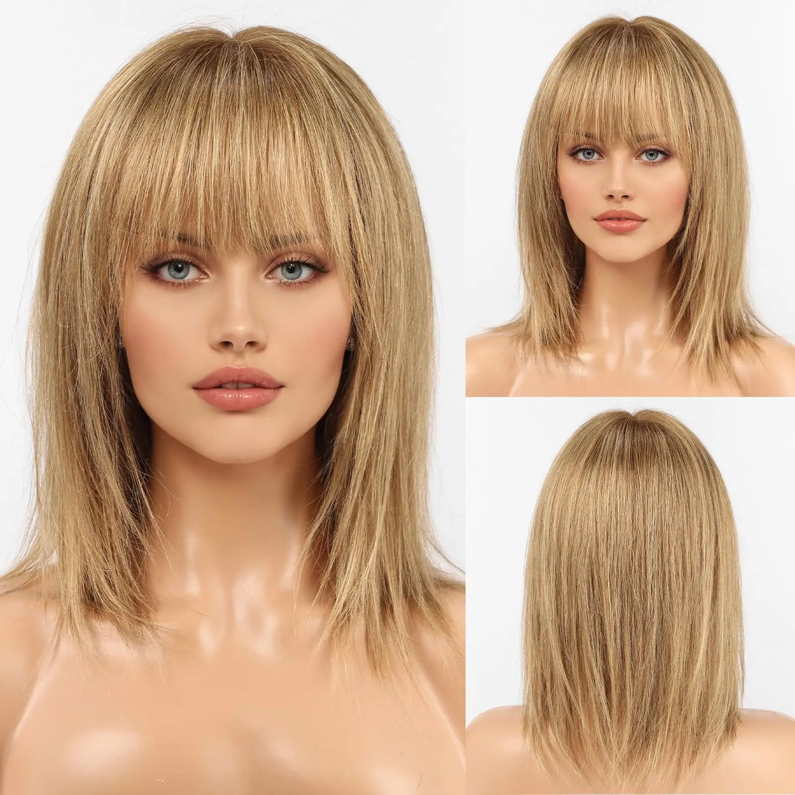 Perruque de cheveux humains Remy 100% naturels lisses, blond doré ombré, 12 pouces, avec frange Bérénice – Image 5