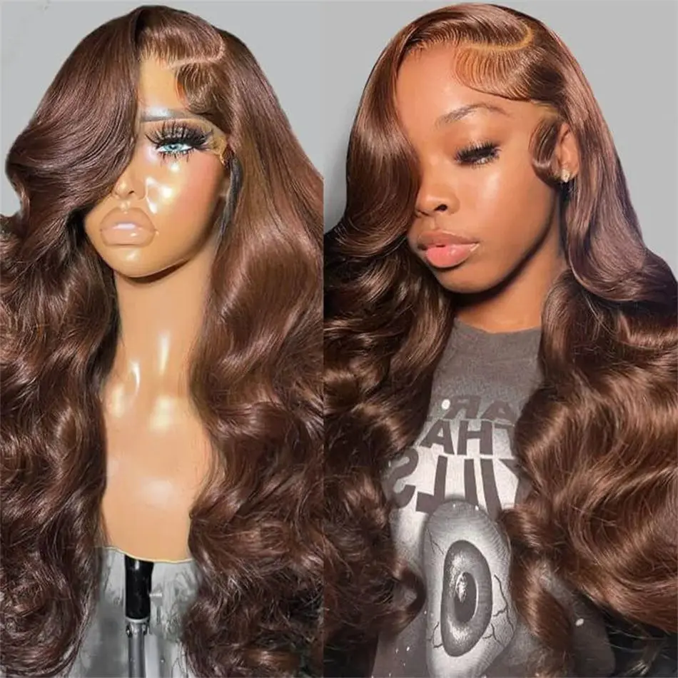 Perruque longue ondulée Lace Front cheveux naturels brun chocolat, Transparent HD, 13x6, 4x4, 5x5,