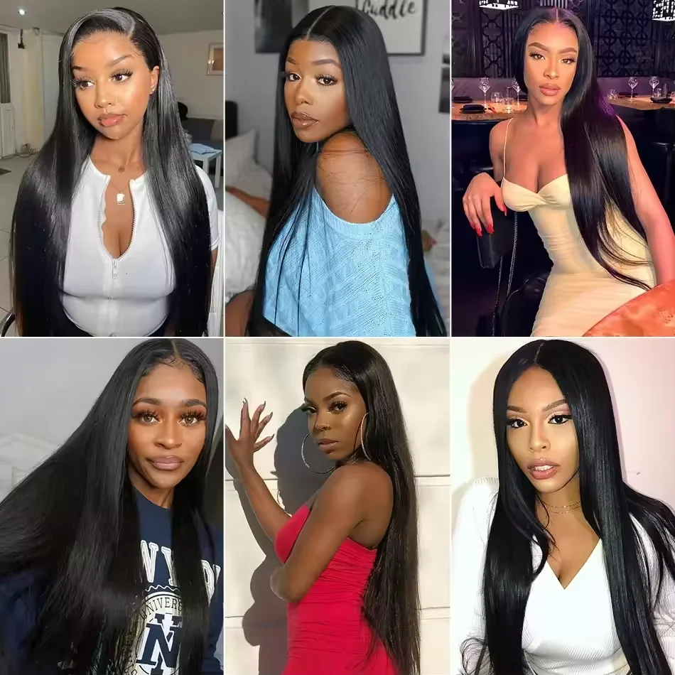 Perruques en cheveux humains lisses couleur noire naturelle sans colle en forme de V, cheveux Remy brésiliens, fabriquée à la machine, densité 220 Azra – Image 5