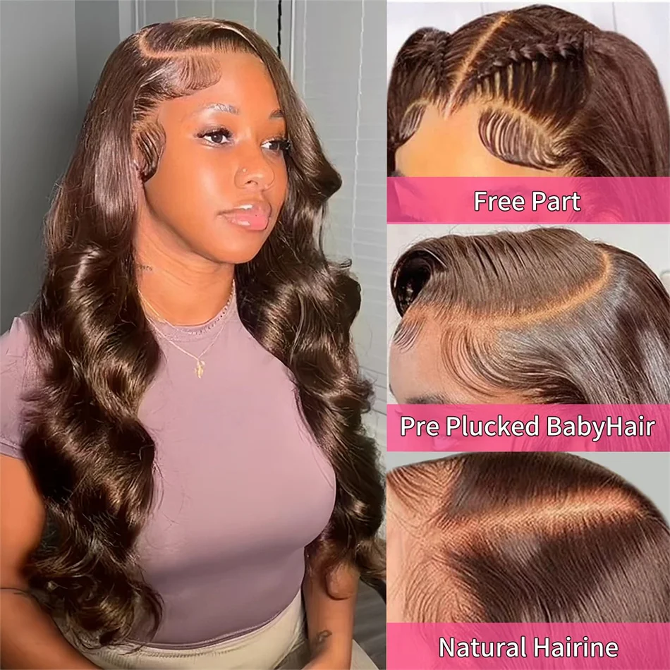 Perruque longue ondulée Lace Front cheveux naturels brun chocolat, Transparent HD, 13x6, 4x4, 5x5, – Image 2
