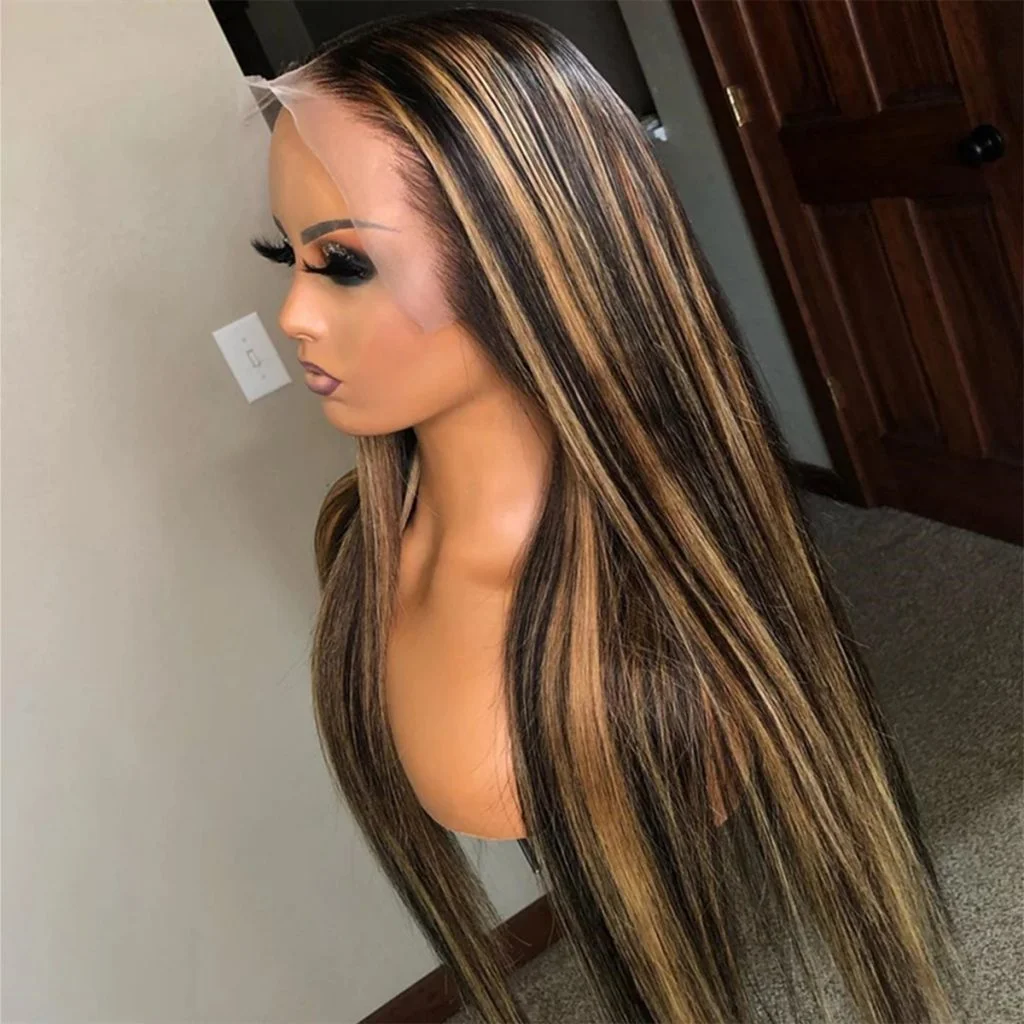 Perruque Highlight 4/27 Cheveux Humains Blond Miel, 13x6 HD Lace Front, Densité 220, Frontale 13x4 Lace Ombrée Balayage pour Femmes