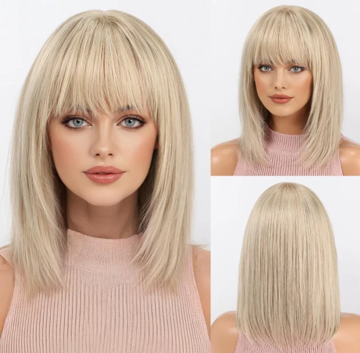 Perruque de cheveux humains Remy 100% naturels lisses, blond clair ombré, 12 pouces, avec frange Bérénice